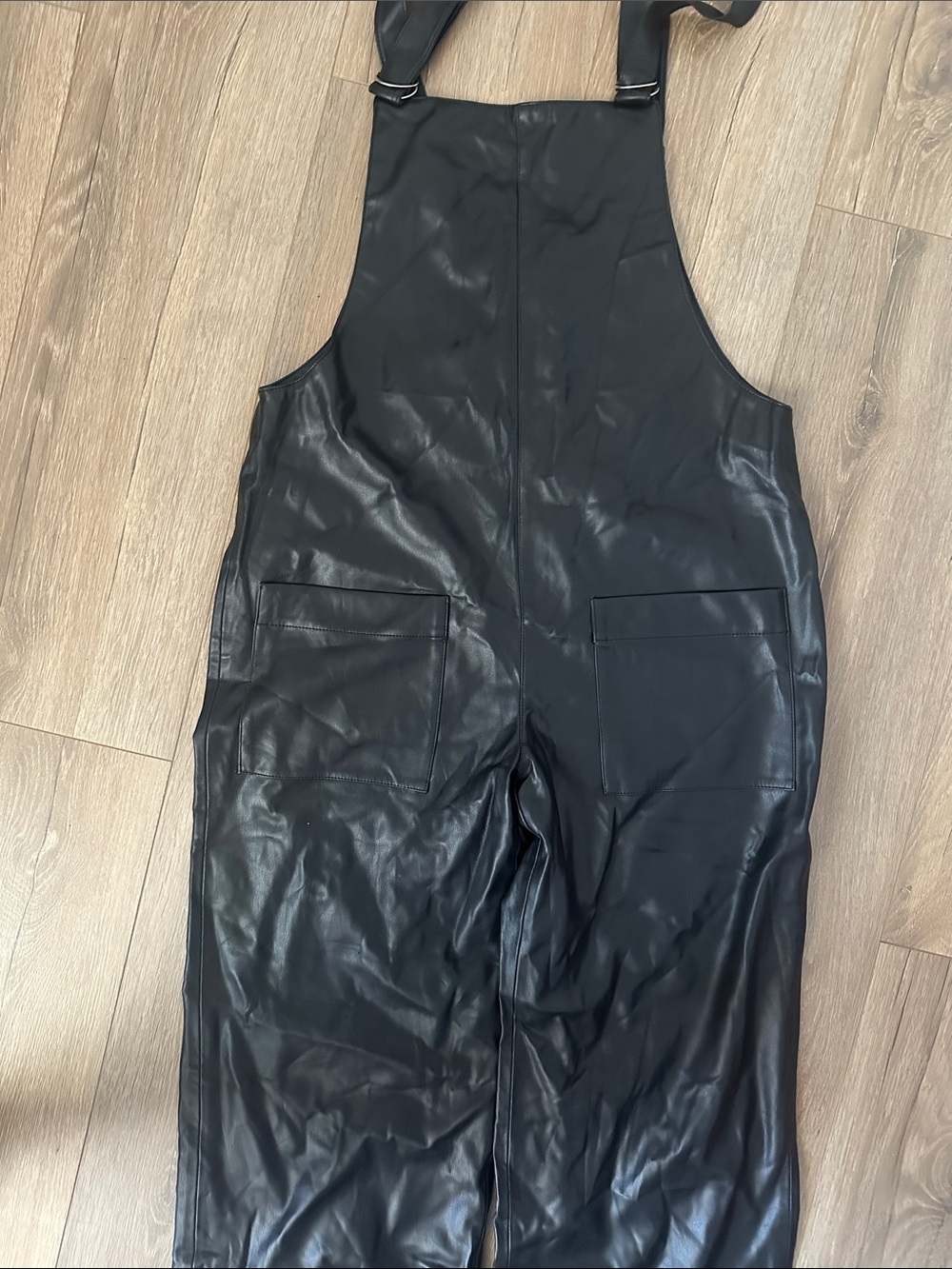 Black Vegan Leather Overalls Jumpsuit